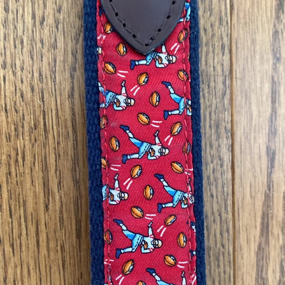 Vineyard Vines Football Belt Brown Leather Silk Print Sz 28